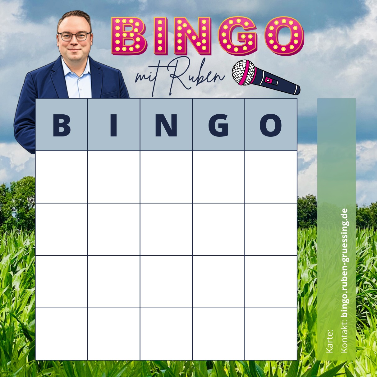 Spielschein von BINGO mit Ruben mit Porträt, Bingo-Schriftzug und Zahlenfeld